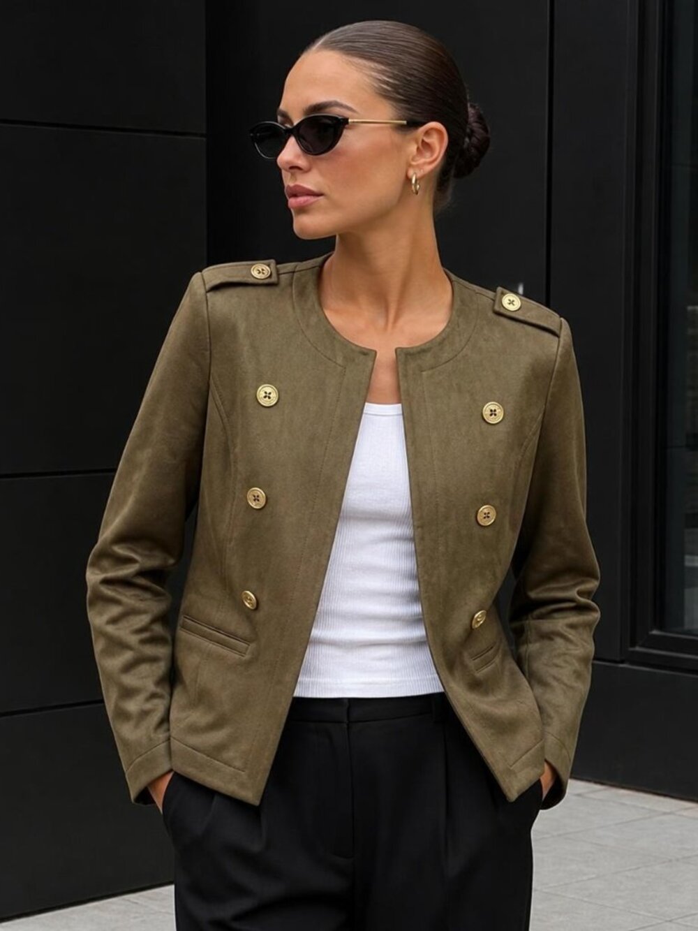 NWT Tommy Hilfiger Olive Green Faux Suede Collarless Jacket Gold Buttons S